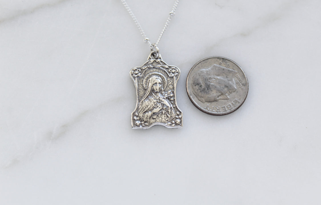 St. Therese of Lisieux 925 sterling silver necklace, small saint pendant on chain