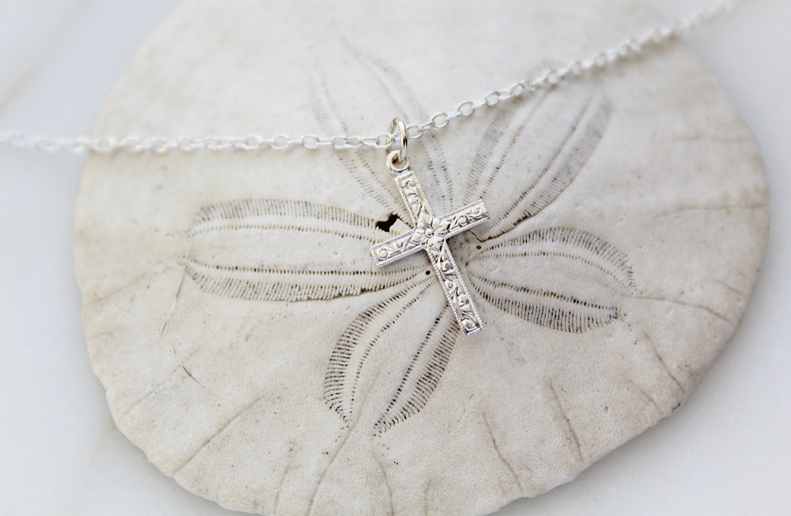 Sterling silver cross pendant necklace with small bail and chain