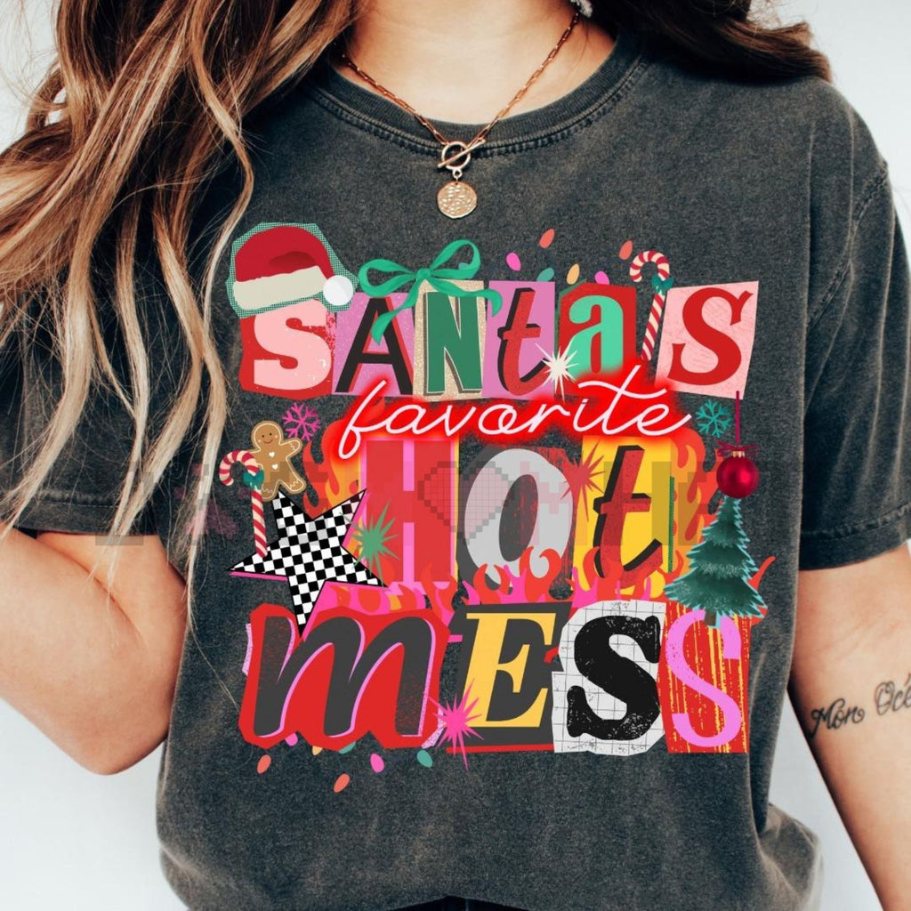 Dark heather gray T-shirt with “Santa's favorite mess” colorful collage graphic