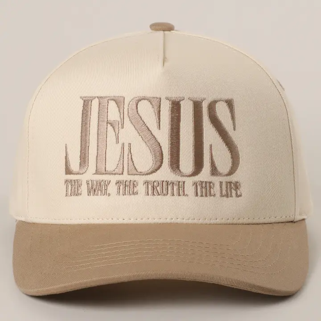 Sand baseball cap with tan brim and gray embroidered “JESUS” and slogan on front