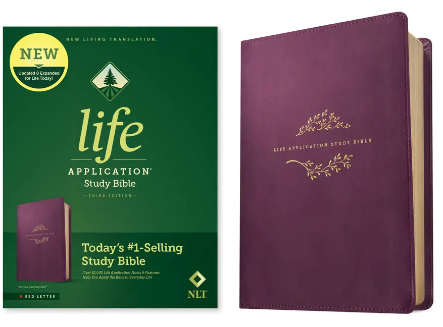 Life application study bible in purple imitation leather cover, gold-foil title