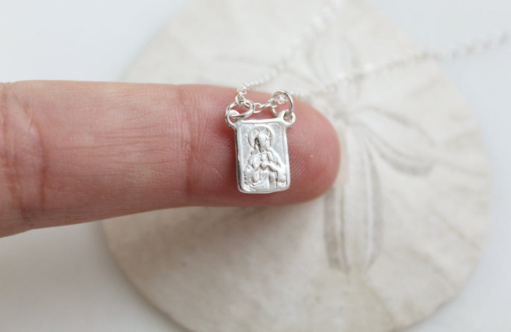 Sterling silver scapular necklace with engraved rectangular pendant on short chain