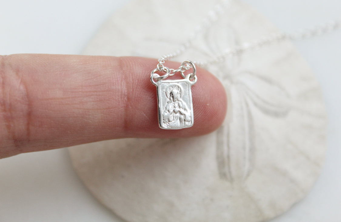 Sterling silver scapular necklace with engraved rectangular pendant on short chain