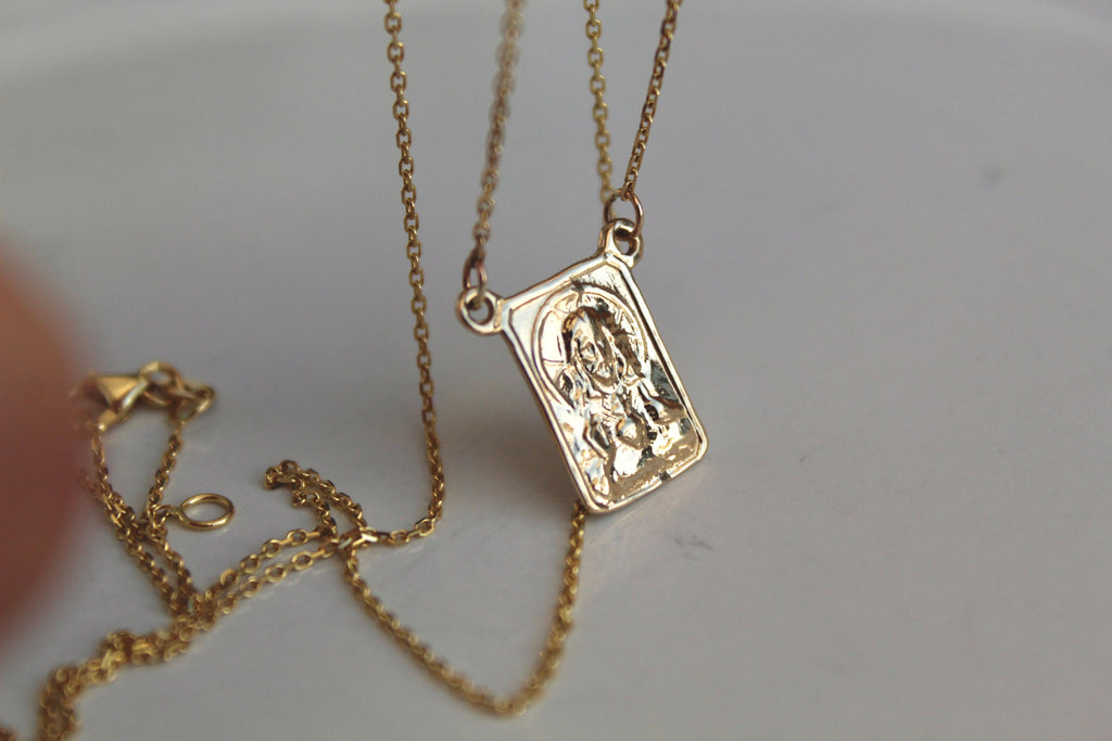 14K gold scapular pendant necklace with square saint portrait charm on thin chain