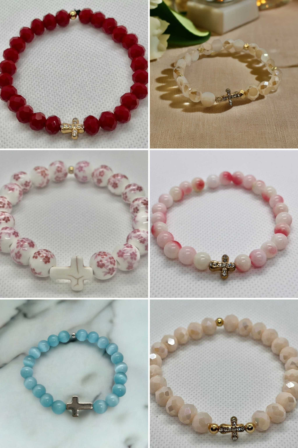 Assorted cross bead bracelets in red, pink, white and blue colors