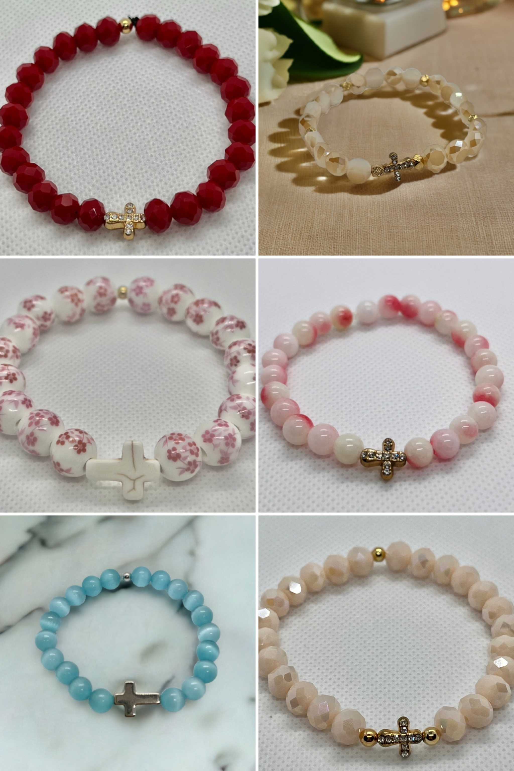 Assorted cross bead bracelets in red, pink, white and blue colors