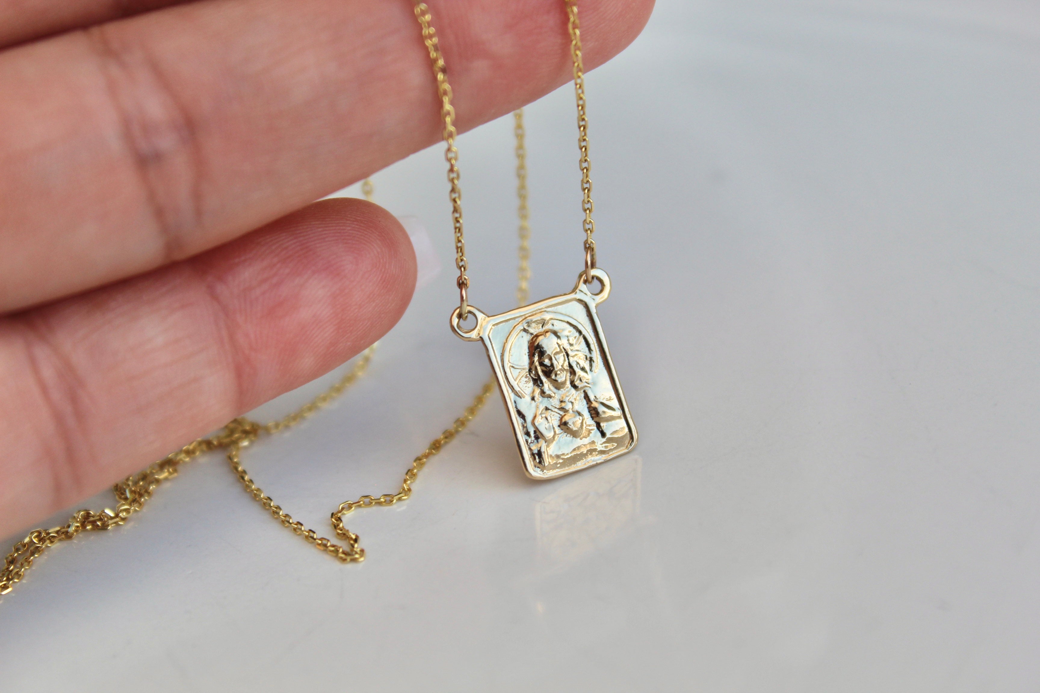 14K gold scapular pendant necklace, square charm with saint figure on fine chain