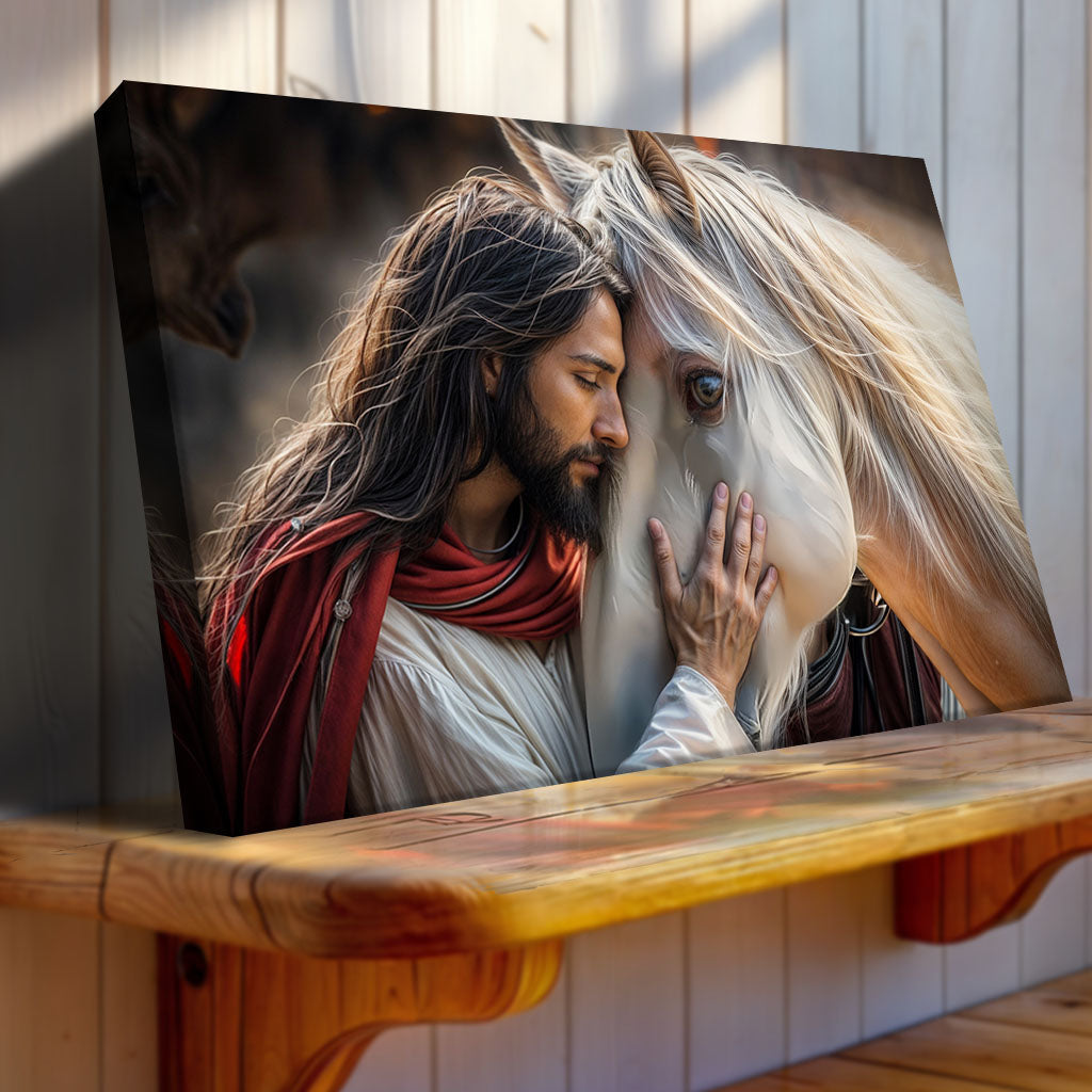 Landscape canvas wall art of Jesus and a white horse leaning together