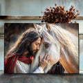 Landscape canvas wall art featuring Jesus face-to-face with a white horse