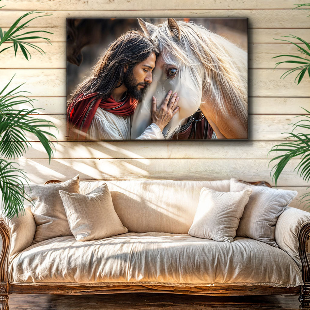 Landscape canvas wall art of Jesus embracing a white horse