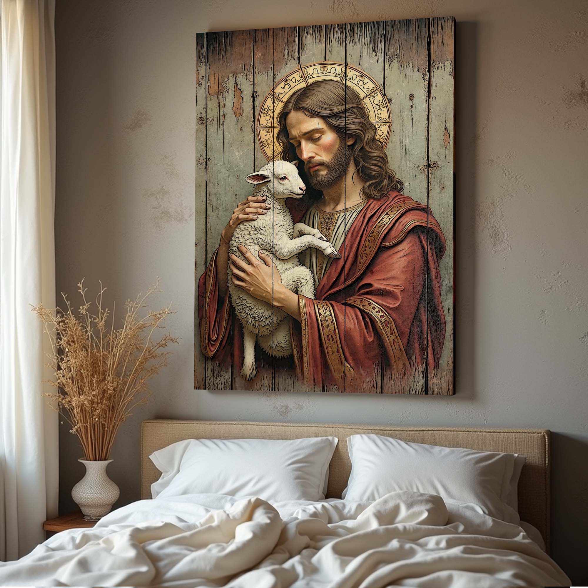 Jesus the Good Shepherd wall art mounted on a wall above a bed