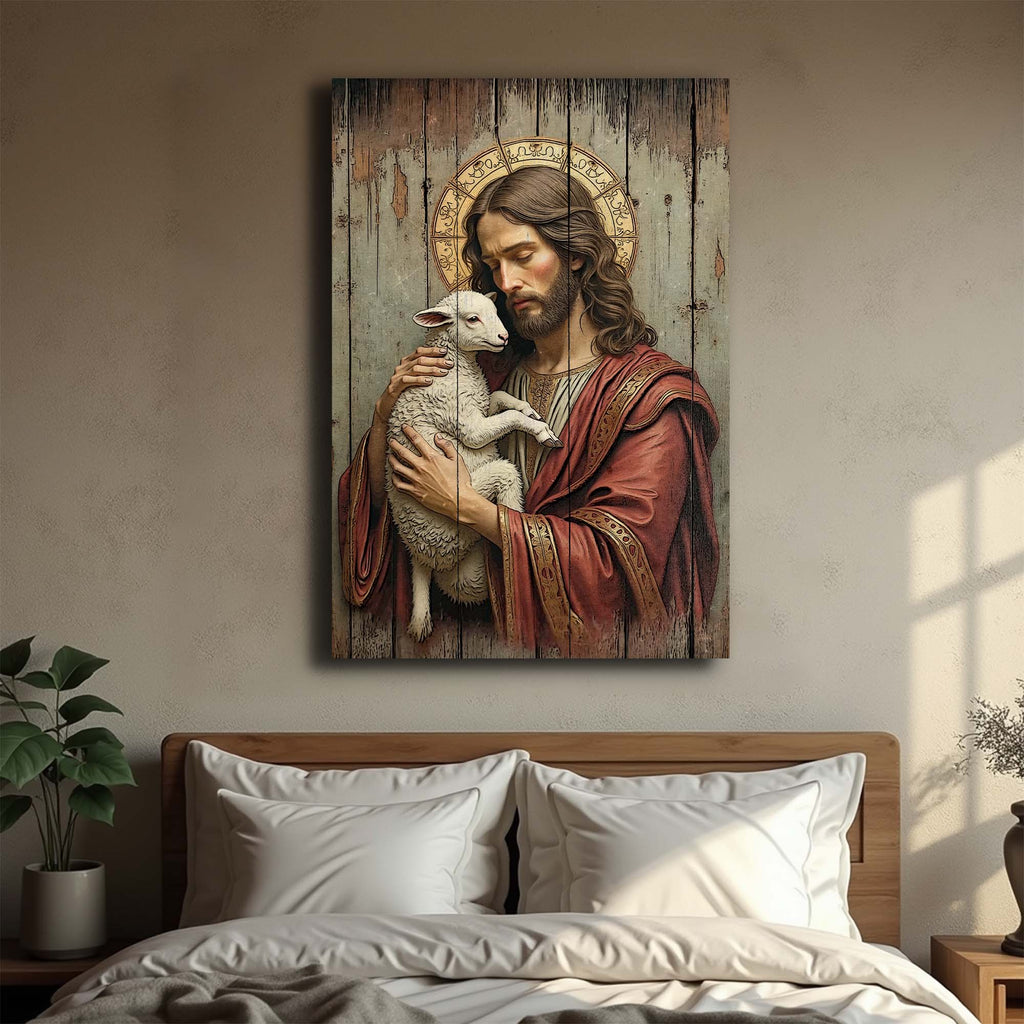 Jesus the Good Shepherd wall art on a wall above a sofa and pillows