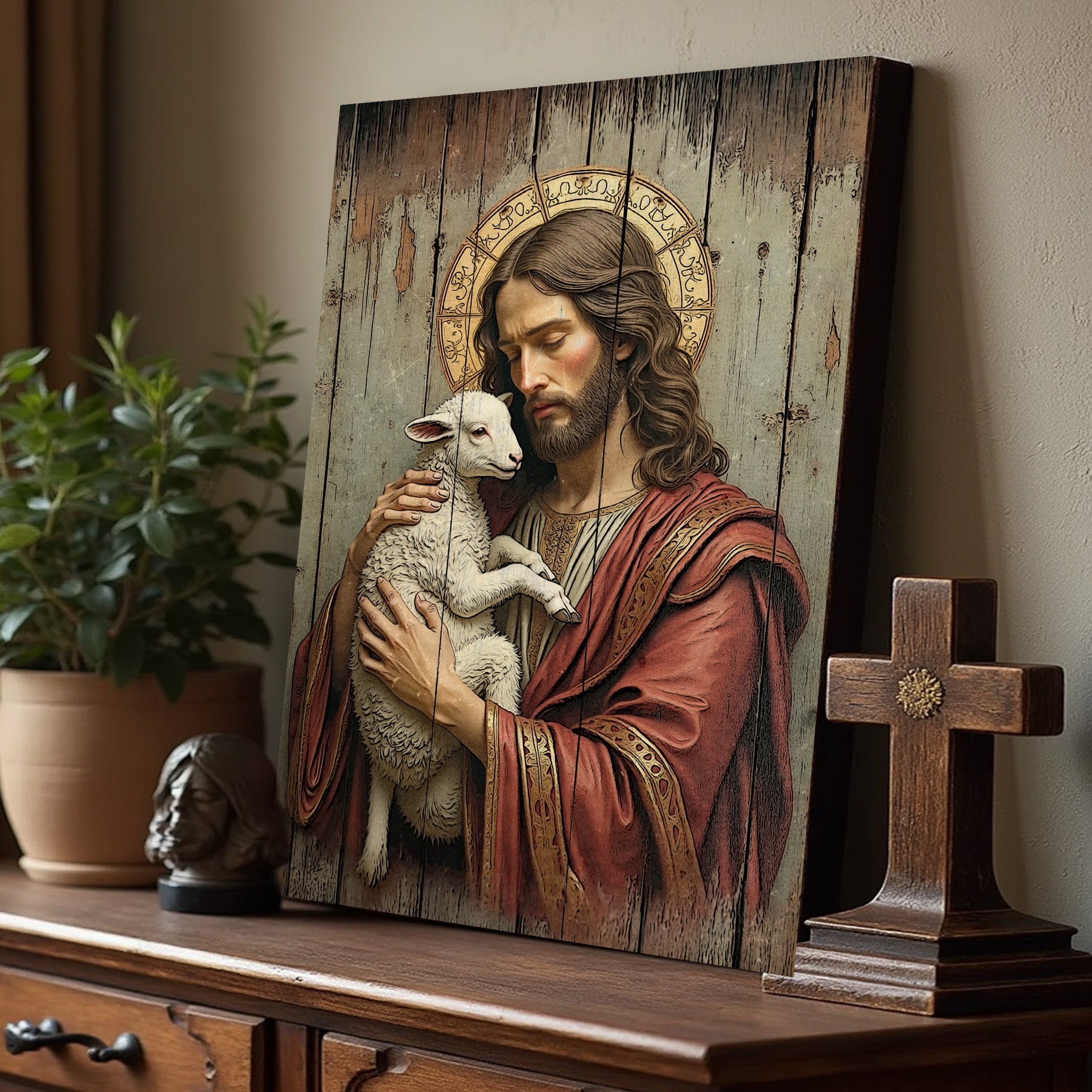 Jesus the Good Shepherd wall art of Jesus cradling a white lamb