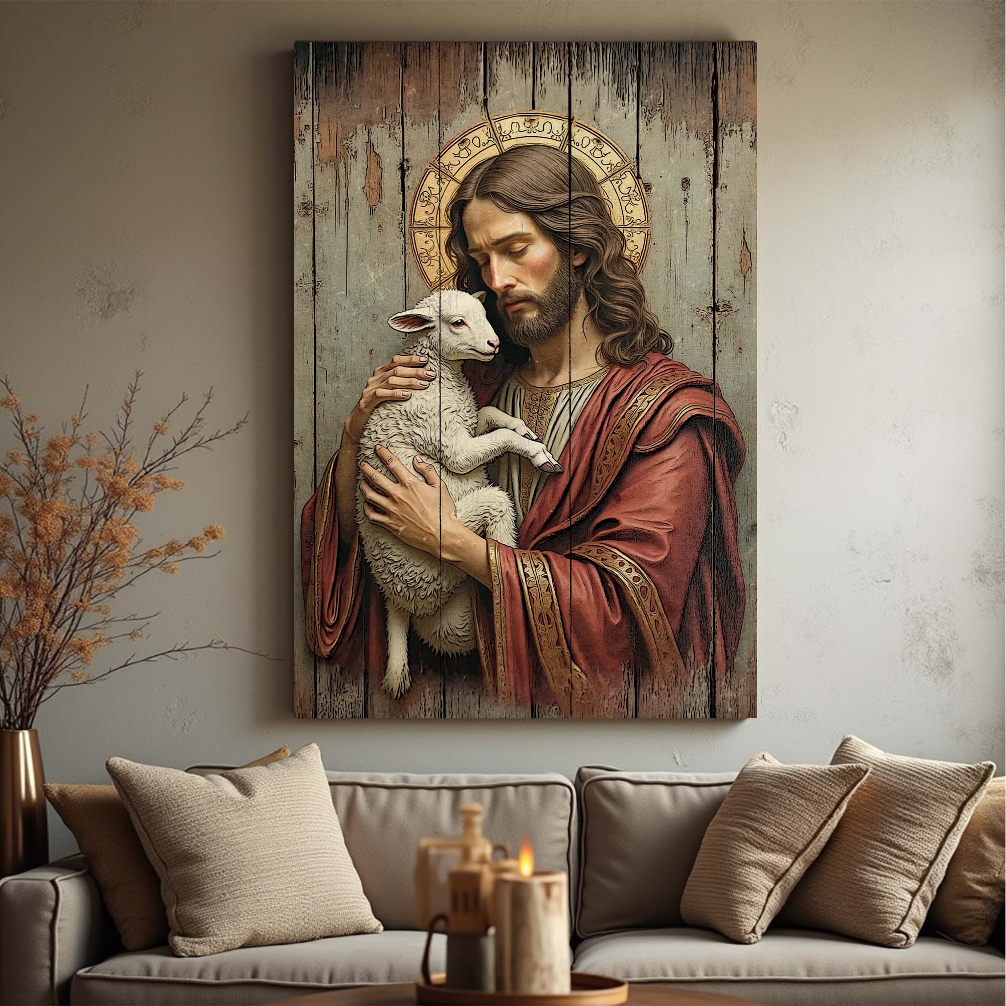 Jesus the Good Shepherd wall art framed canvas with Jesus holding a white lamb