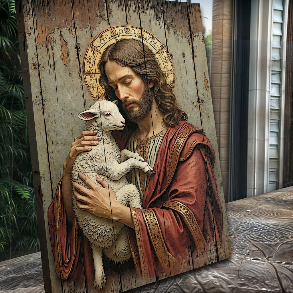 Jesus the Good Shepherd wall art showing Jesus holding a white lamb