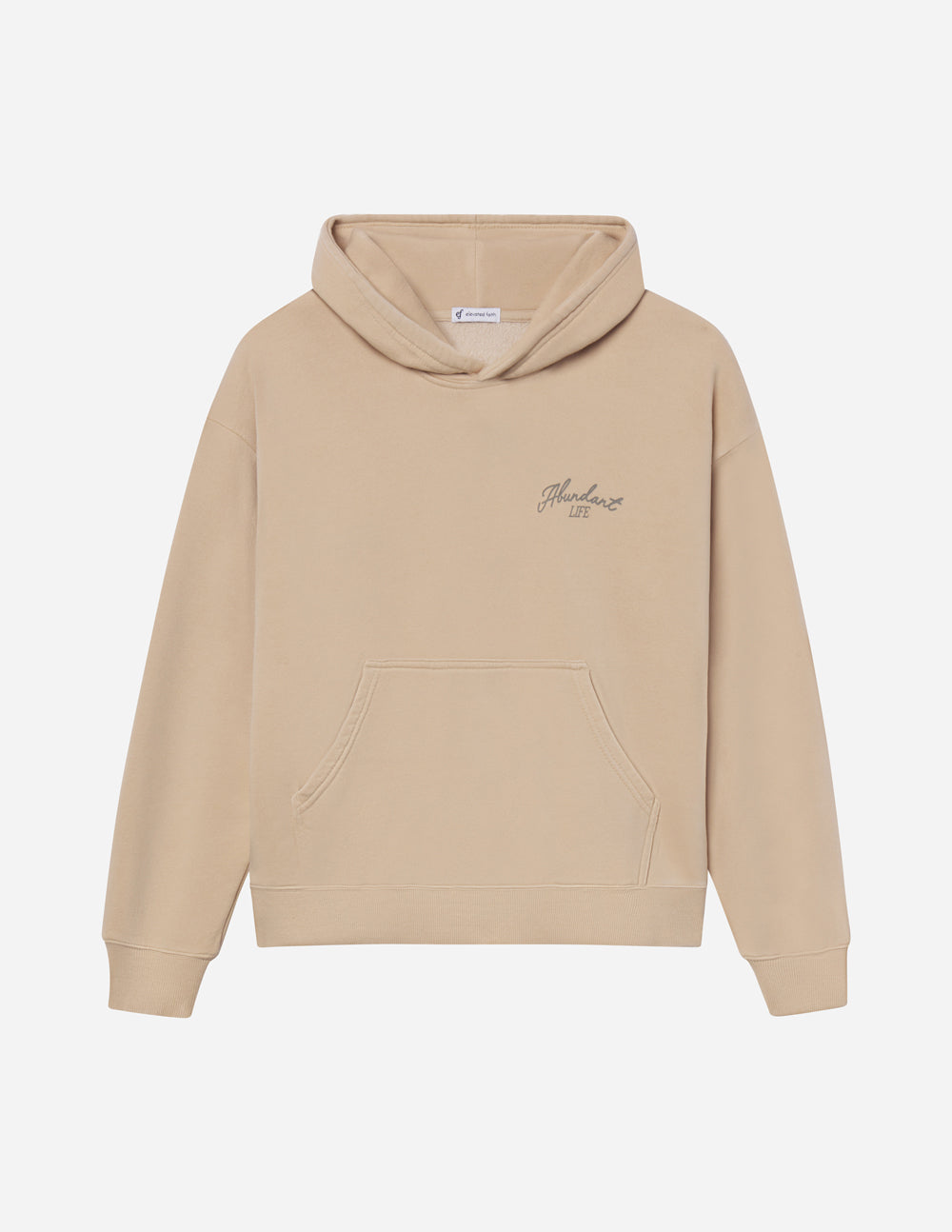 Tan unisex pullover hoodie with drawstring hood and front pocket