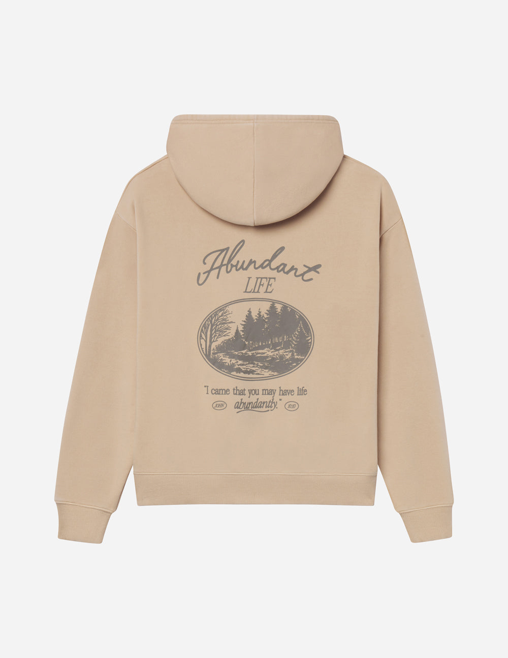 Tan unisex hoodie, back view with circular landscape graphic and slogan