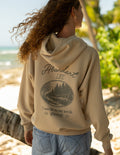 Beige unisex hoodie, back view with large circular graphic and slogan