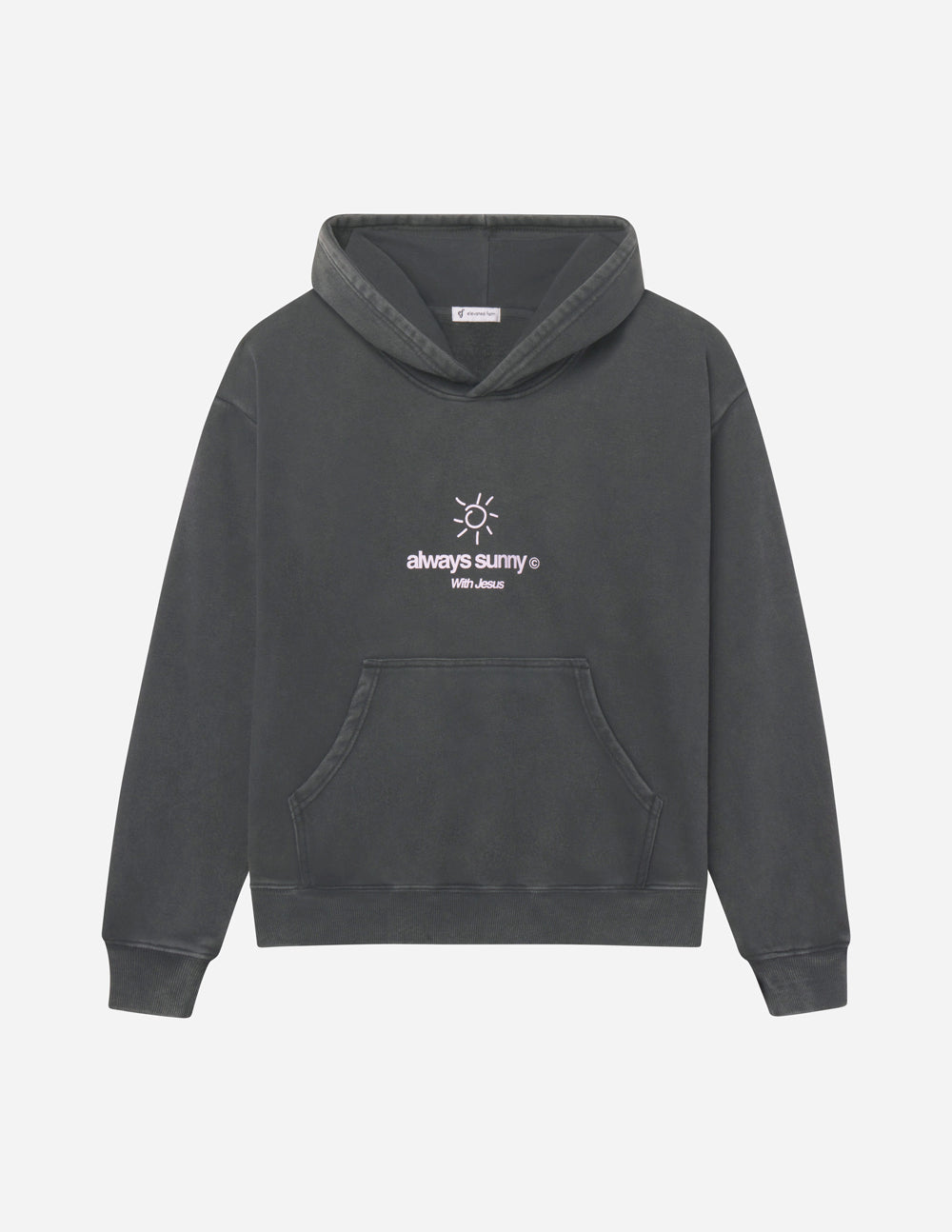 Unisex charcoal hoodie on white background with front sun logo, hood and kangaroo pocket