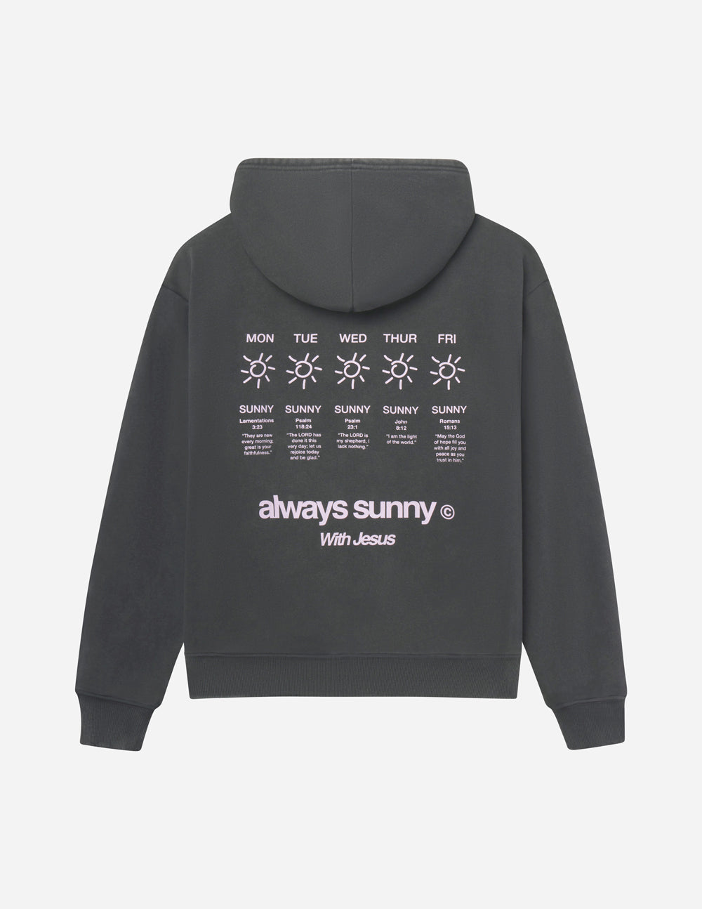Dark gray unisex hoodie with front graphic text and sun icons, hooded front