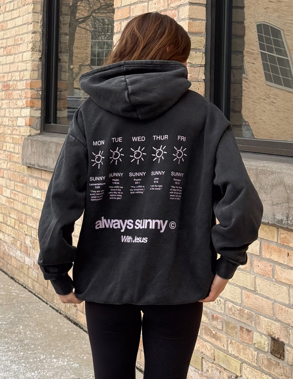 Unisex charcoal hoodie with back “always sunny” graphic, hood and pouch pocket