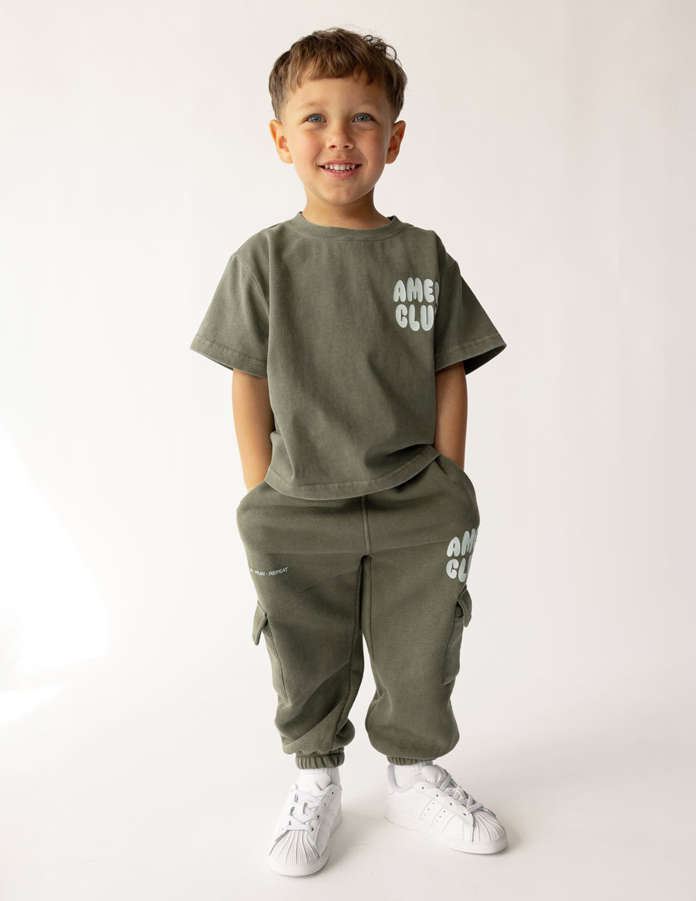 Kids cargo sweatpants, olive green with cargo pockets, elastic cuffs, and drawstring