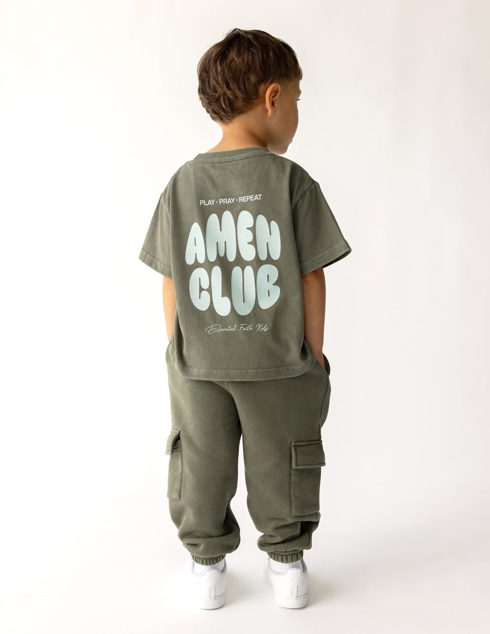 Kids graphic T-shirt in olive green, AMEN CLUB back print