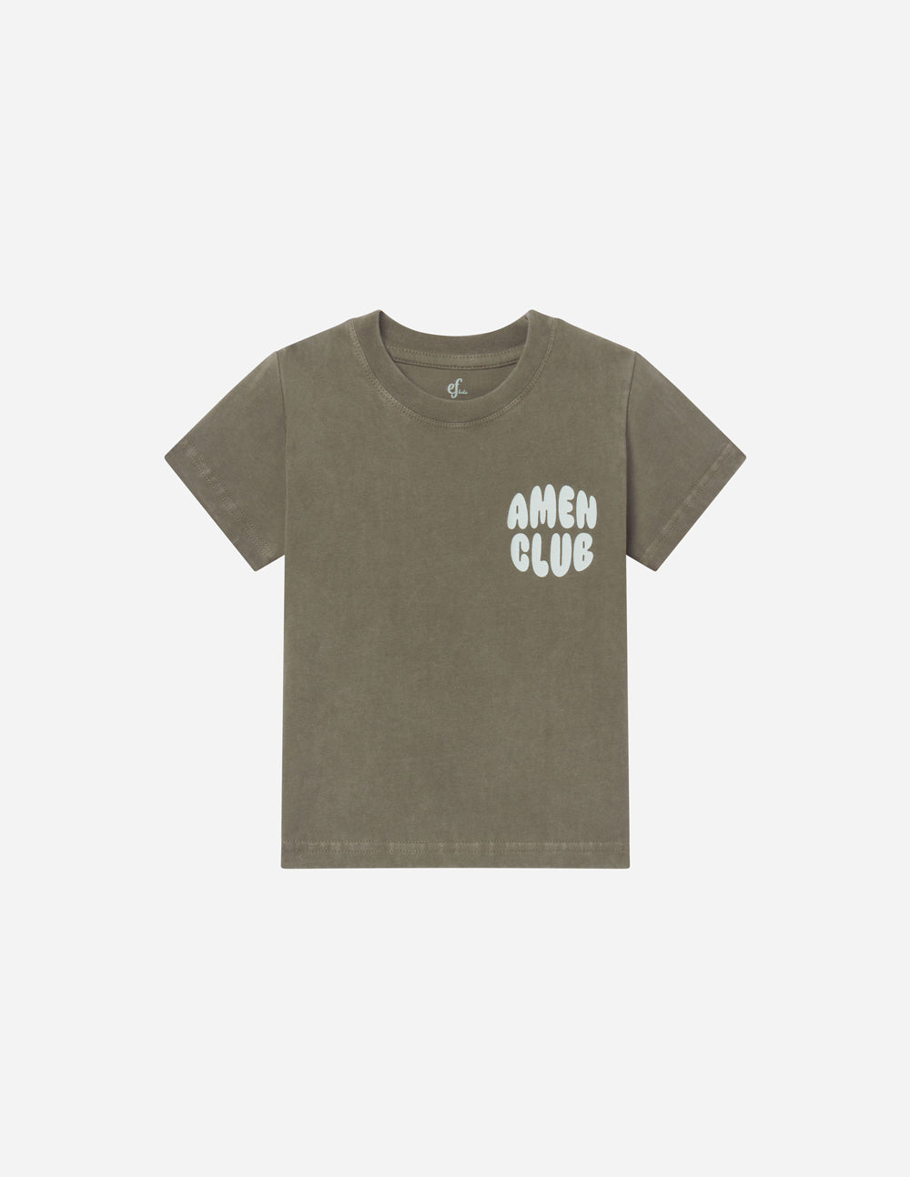 Kids T-shirt in olive green, small AMEN CLUB logo on chest