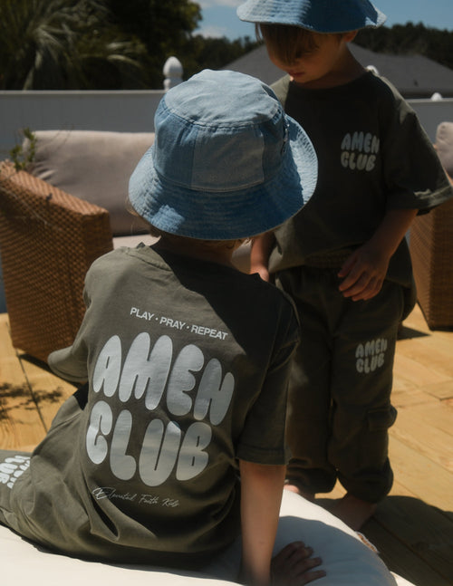 Kids graphic T-shirt, dark gray/black, AMEN CLUB logo print on front
