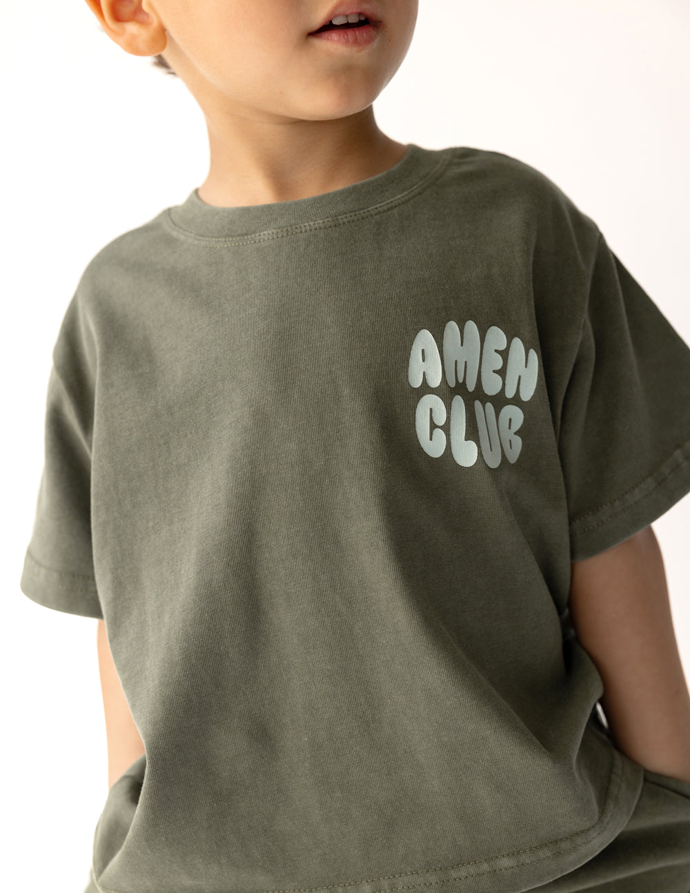 Kids graphic T-shirt in olive green, AMEN CLUB chest logo
