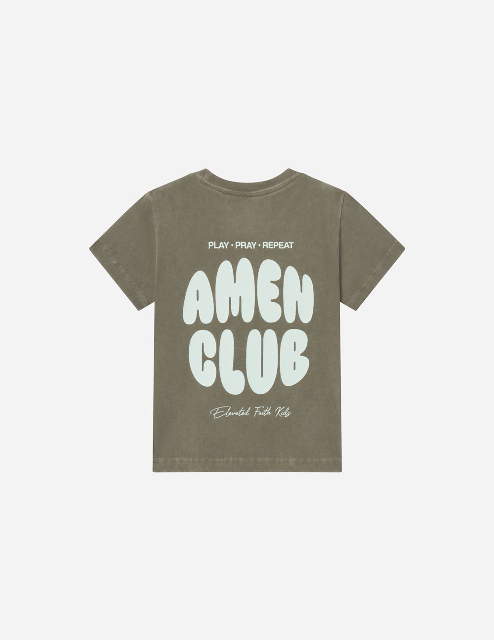 Kids crew-neck tee, olive green, Amen Club graphic front