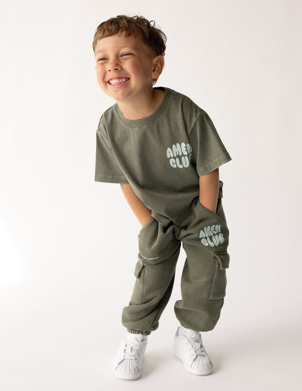 Kids graphic T-shirt in olive green, AMEN CLUB chest logo