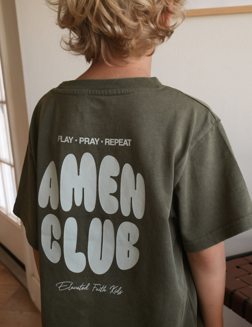 Kids graphic T-shirt in olive green, AMEN CLUB large back logo