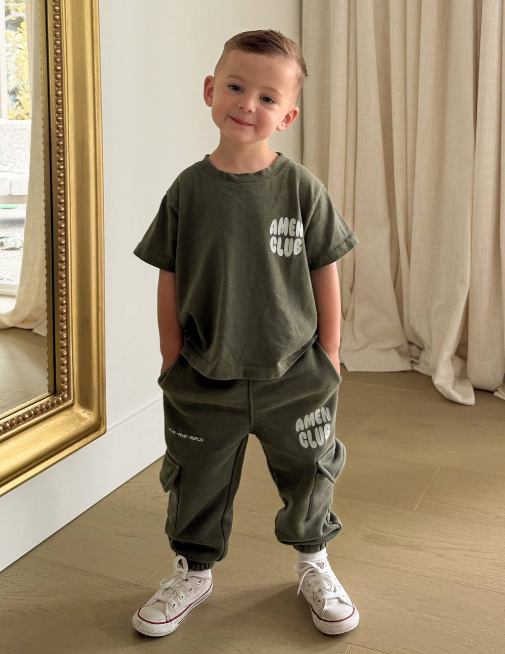 Kids graphic T-shirt in olive green, AMEN CLUB chest logo
