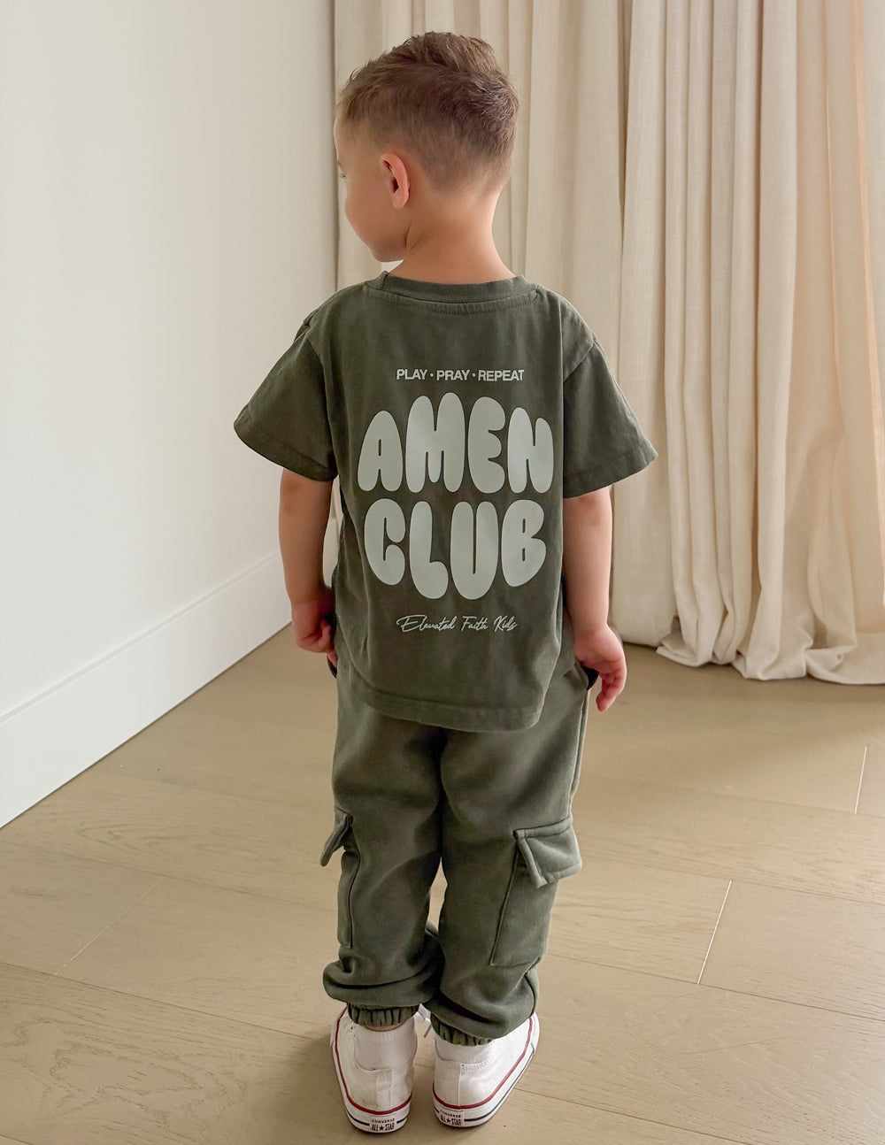 Kids graphic T-shirt in olive green, AMEN CLUB back logo