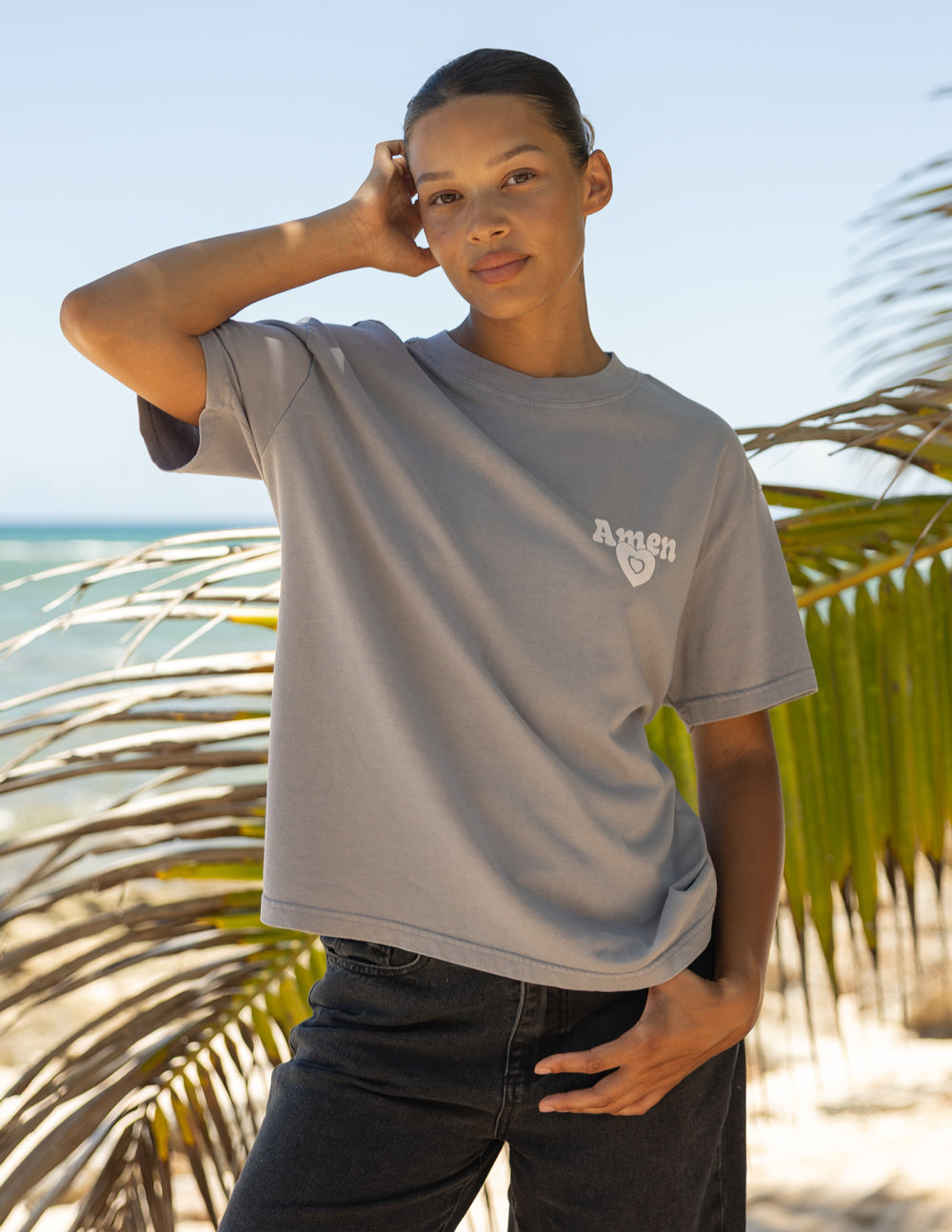 Light gray unisex tee with Amen heart logo at center chest