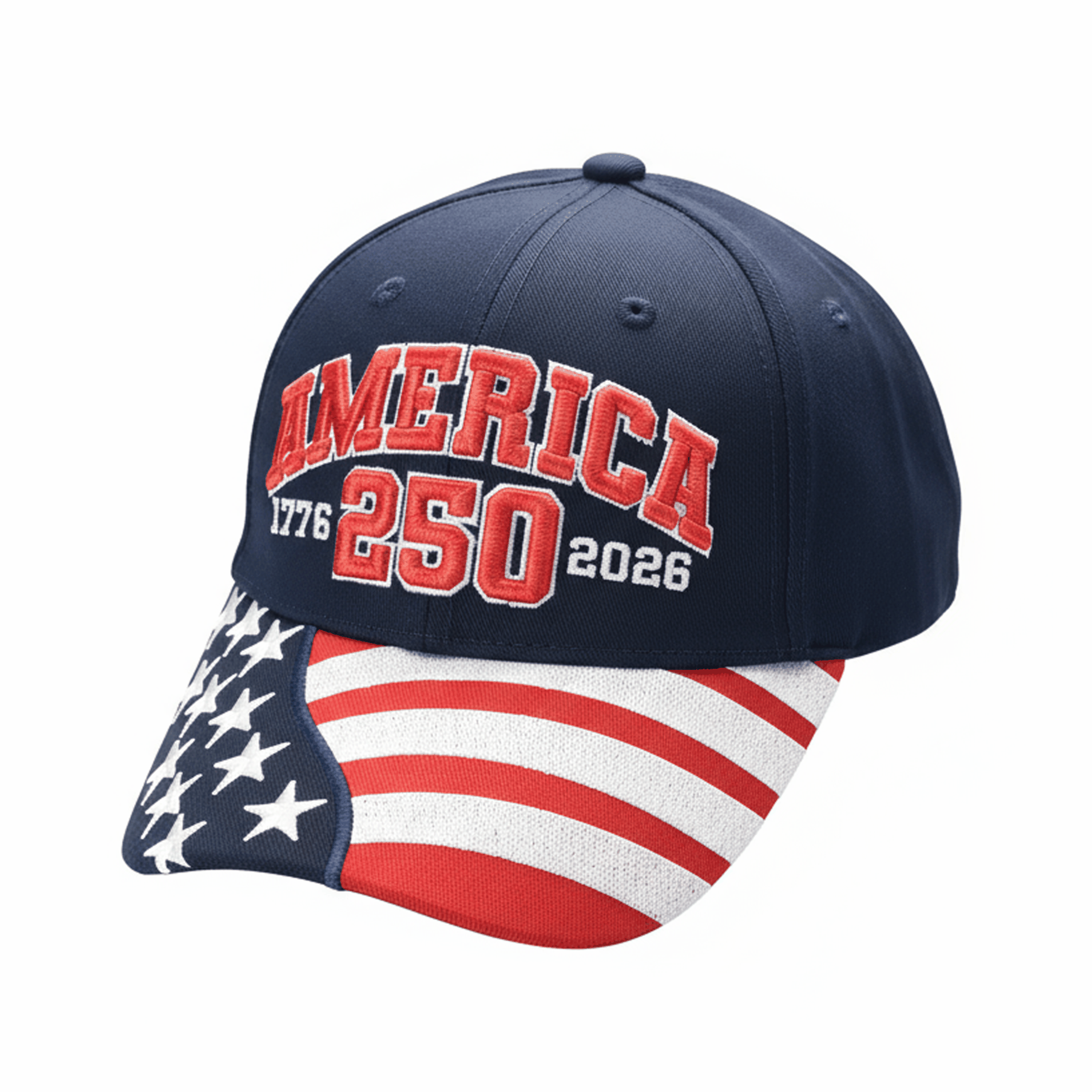 Navy American flag cap with 'AMERICA 250 2026' front graphic