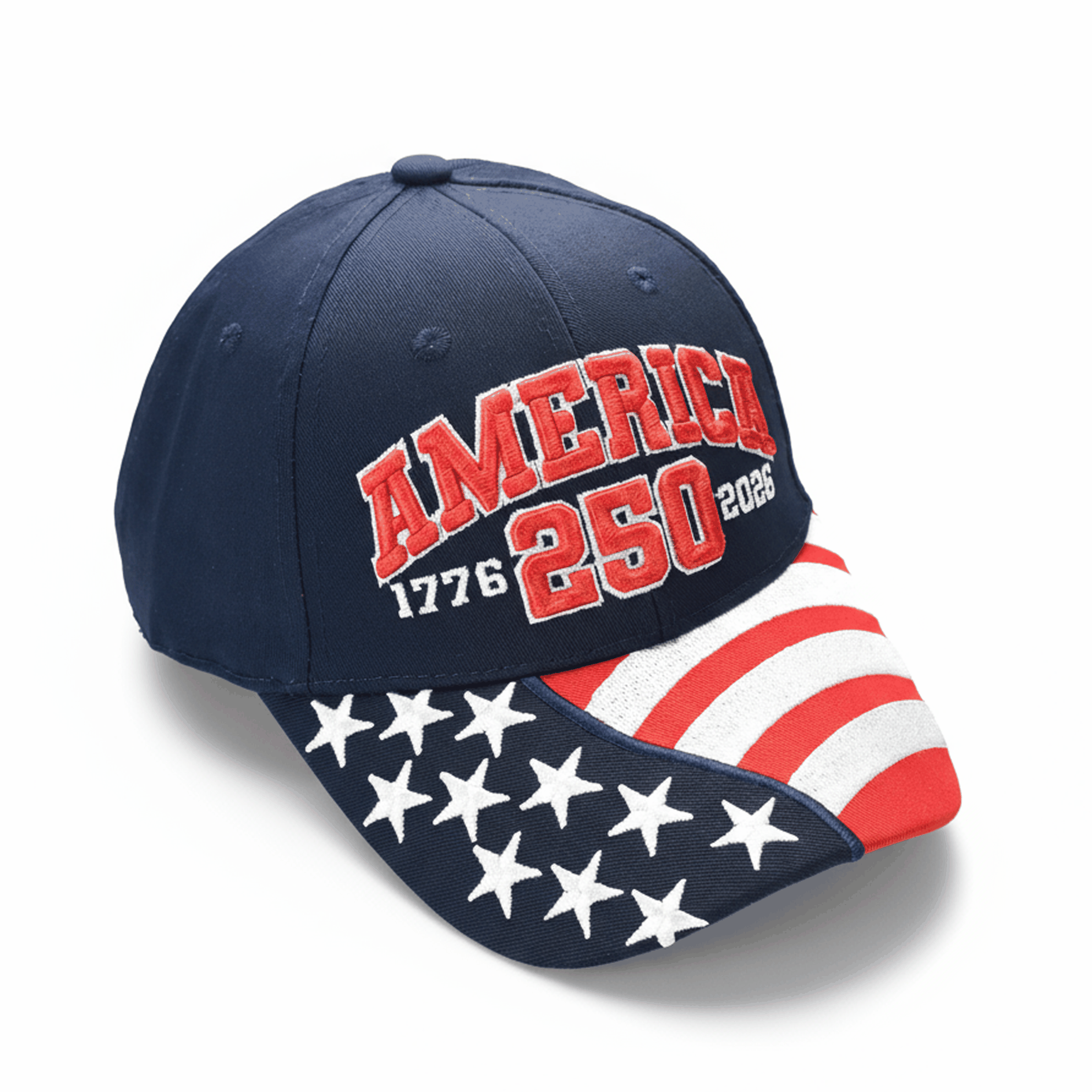 Navy American flag cap, side view with 'AMERICA 250' front text