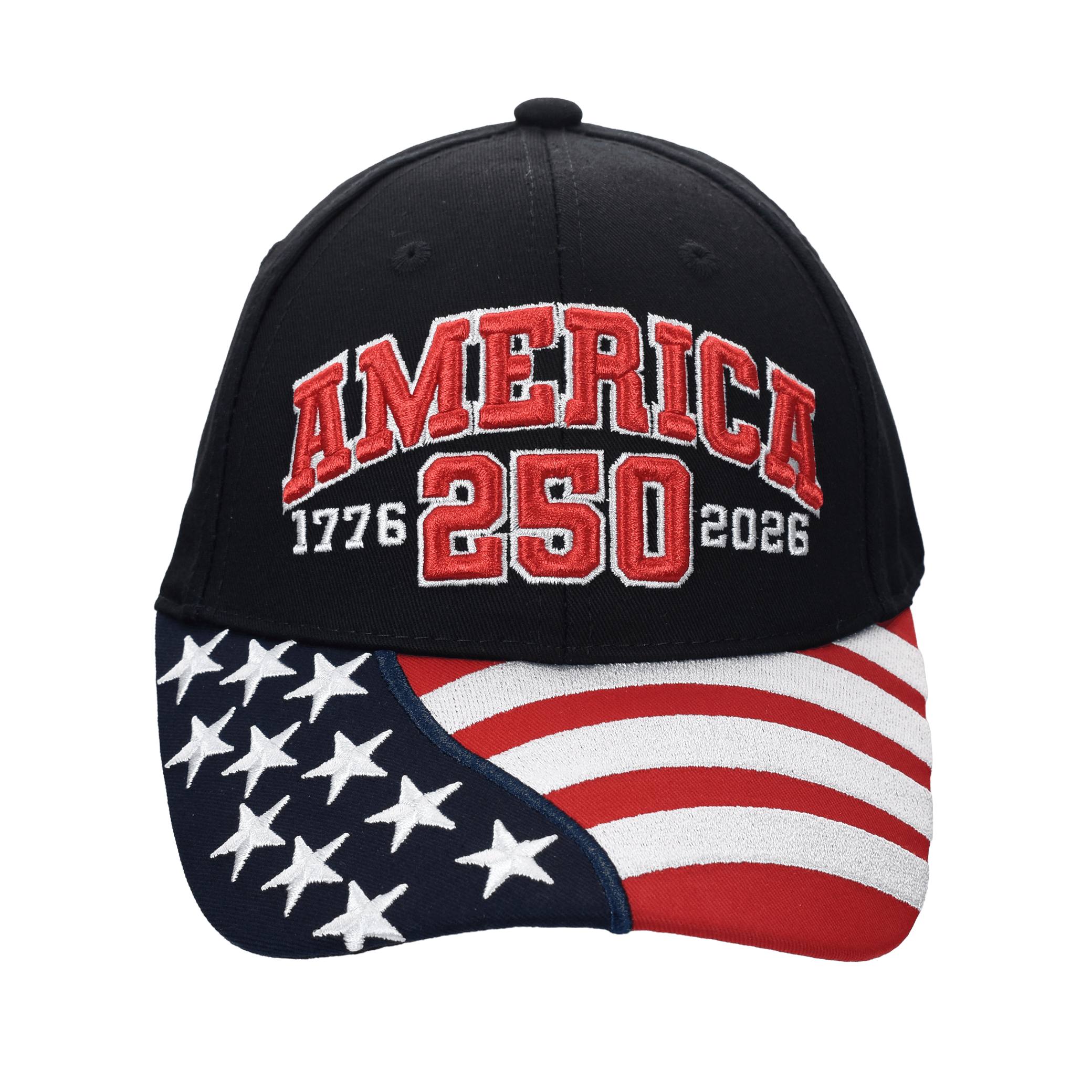 Black cap with 'AMERICA 250' front graphic and American flag brim