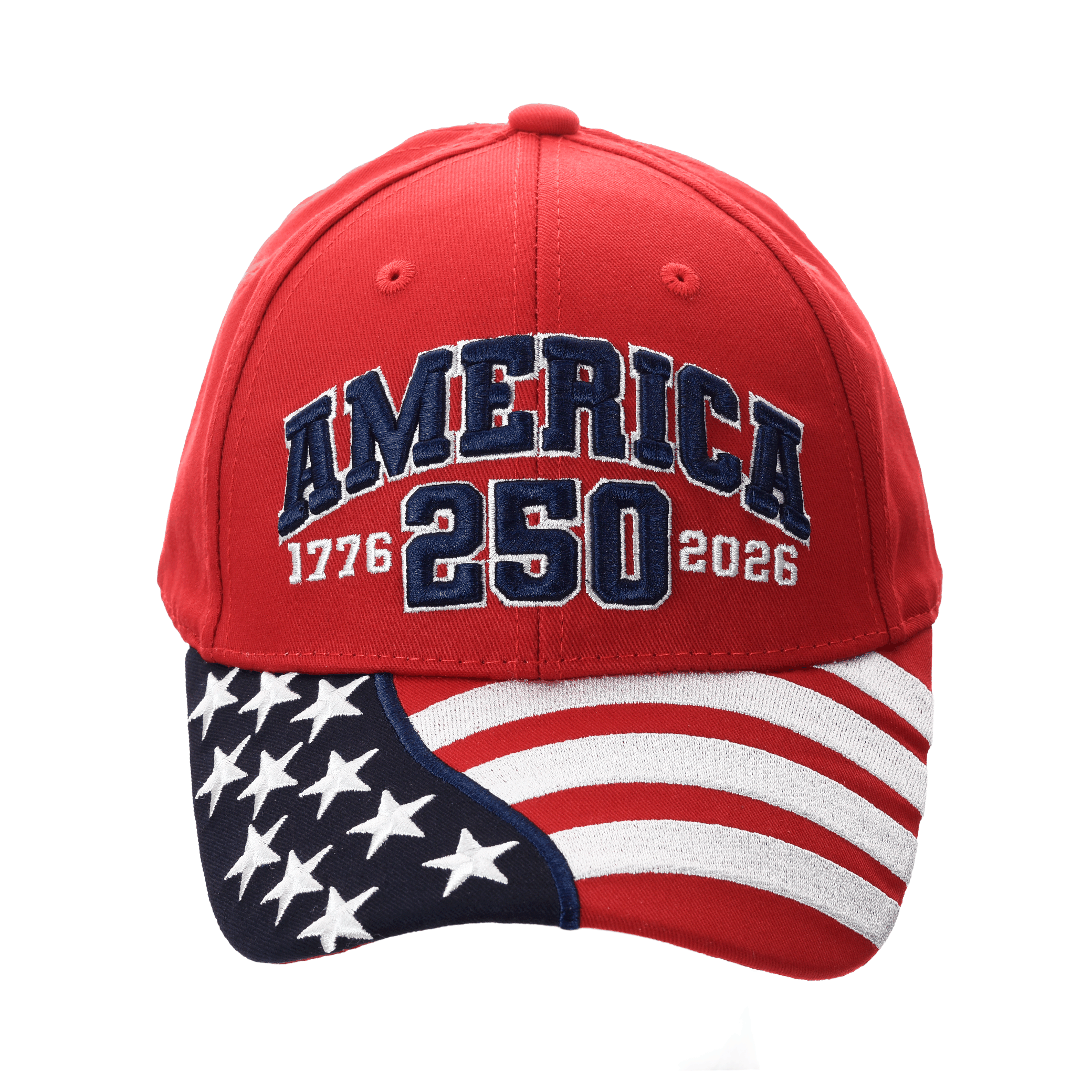 Red cap with 'AMERICA 250' front graphic and American flag brim