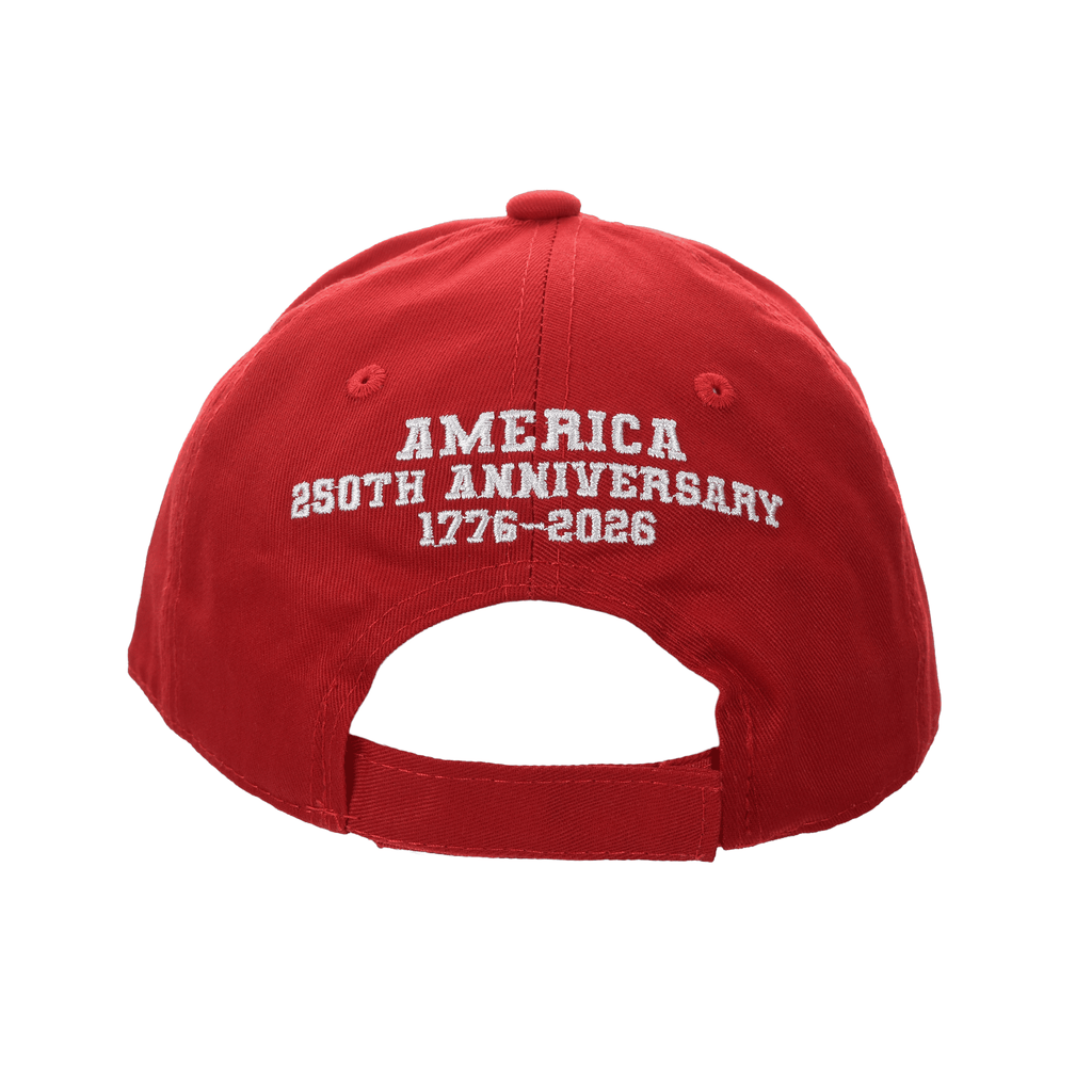 Cotton twill cap, red with embroidered AMERICA 250th ANNIVERSARY text