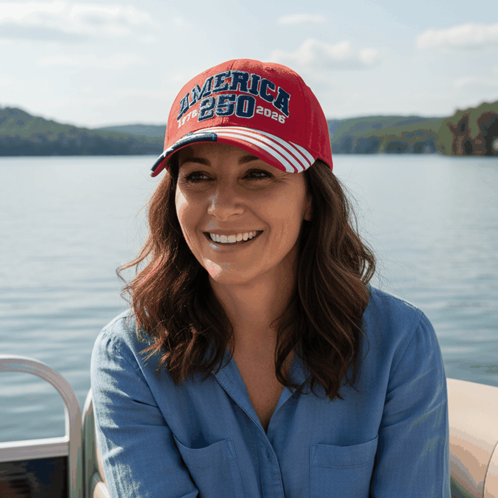 Red American flag cap with 'AMERICA 250 1776-2026' front logo