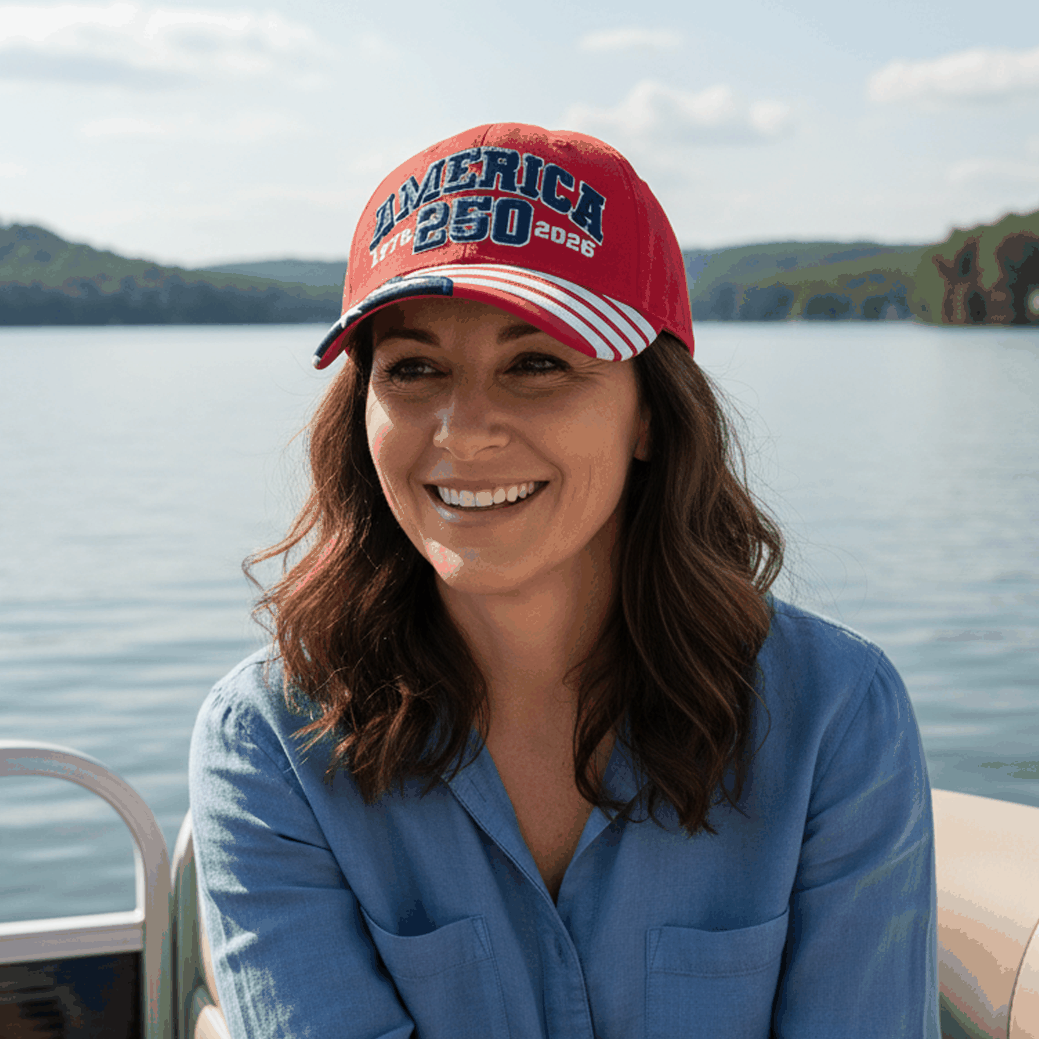 Red American flag cap with 'AMERICA 250 1776-2026' front logo