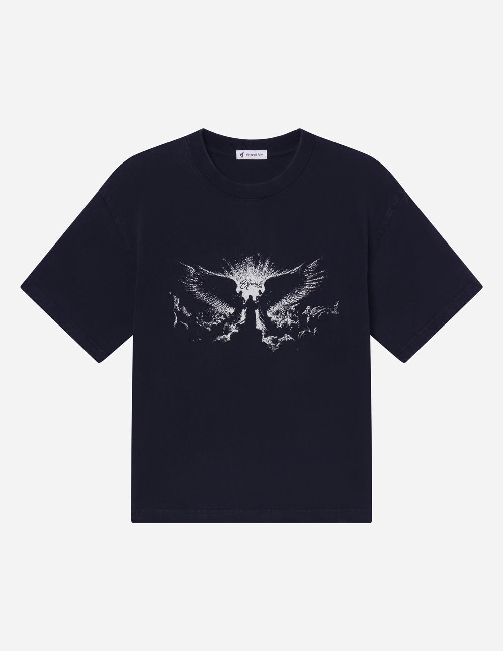 Dark heavyweight T-shirt with white winged angel graphic, crew neck