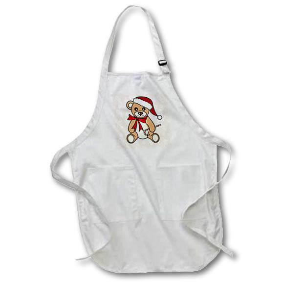 White apron with cartoon teddy bear wearing red Santa hat