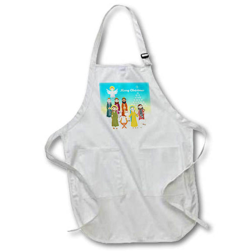 White apron with pocket, adjustable neck strap, printed nativity greeting panel