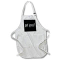 White apron with front pocket and black text graphic