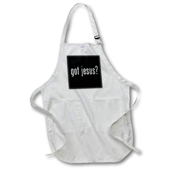 White apron with front pocket and black text graphic