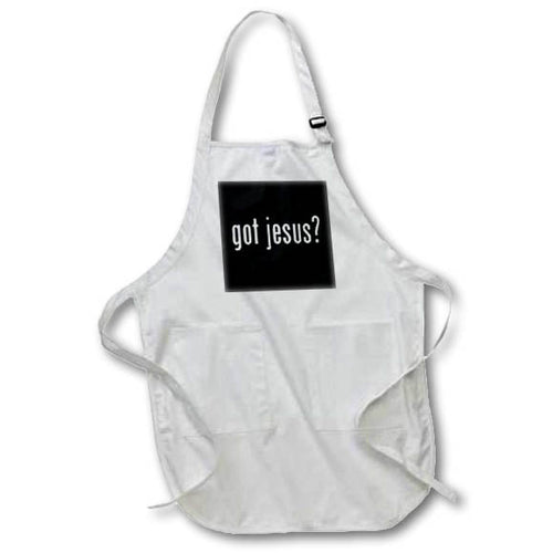 White apron with front pocket and black text graphic