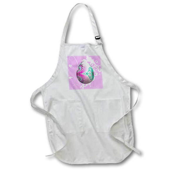 White apron with front pocket and purple abstract Easter egg plant design print